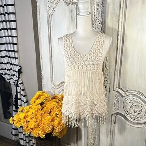 Crystal K Cream Lace Sleeveless Top with Fringe Boho Victorian Edwardian